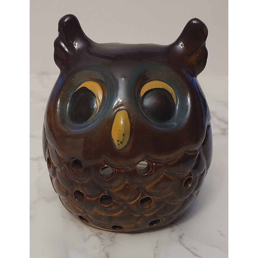 Ceramic Pottery Fall Owl Tea Light Holder Boho Candle Holder Brown Decor B4
